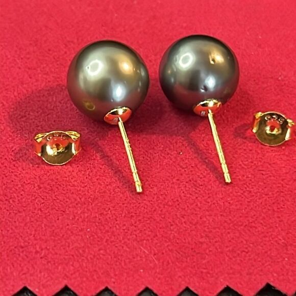 Tahitian Pearl in Vermeil Yellow Gold over 925 Silver Stud Earrings 8-9mm - Picture 4 of 12